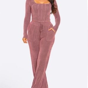 Two piece long pant rib set in Mauve.